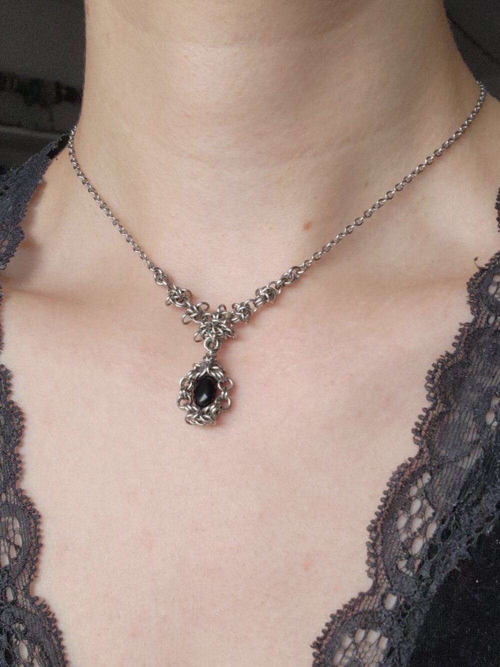 Gothic black onyx and silver chainmail choker necklace
